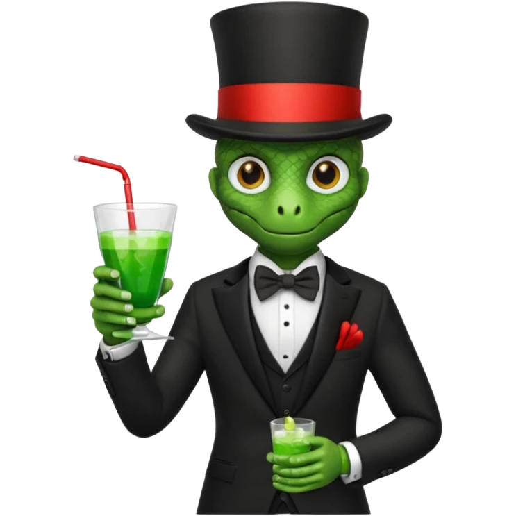 snake wearing suit, bowtie and top hat, holding a glass of green drink emoji