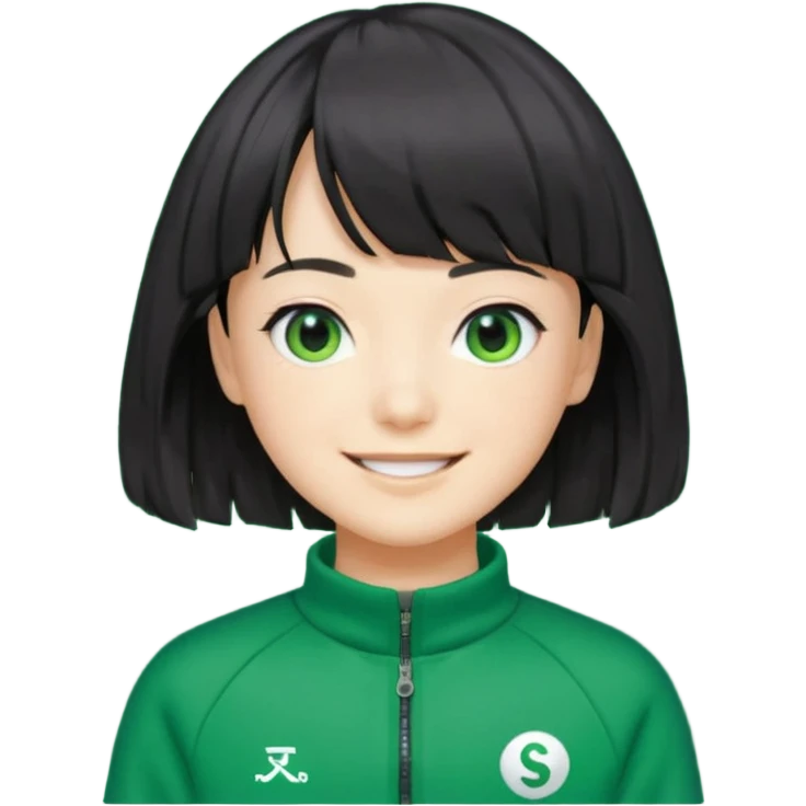 Sae-byeok from Squid Game, wavy black bob haircut with fringe, green tracksuit, 067 on chest, emoji style emoji