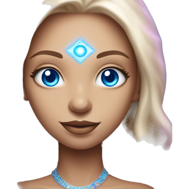 magical diva with thin pink andromedan skin long hair and blue eyes glowing third eye emoji