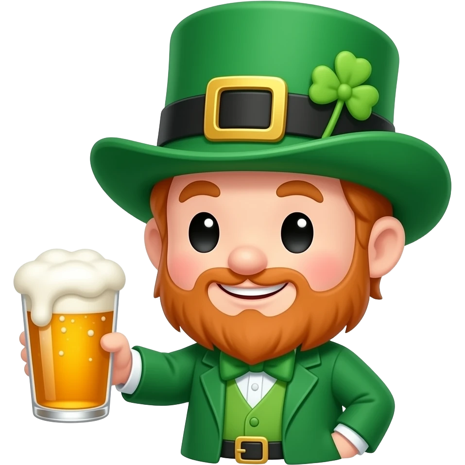 McCarthy's Irish Pub: 3D emoji style, glossy surface, soft shadows, white background, centered, no text, cute leprechaun character, tiny hat, holding a pint glass, cheeky grin, bright green, no defined gender emoji