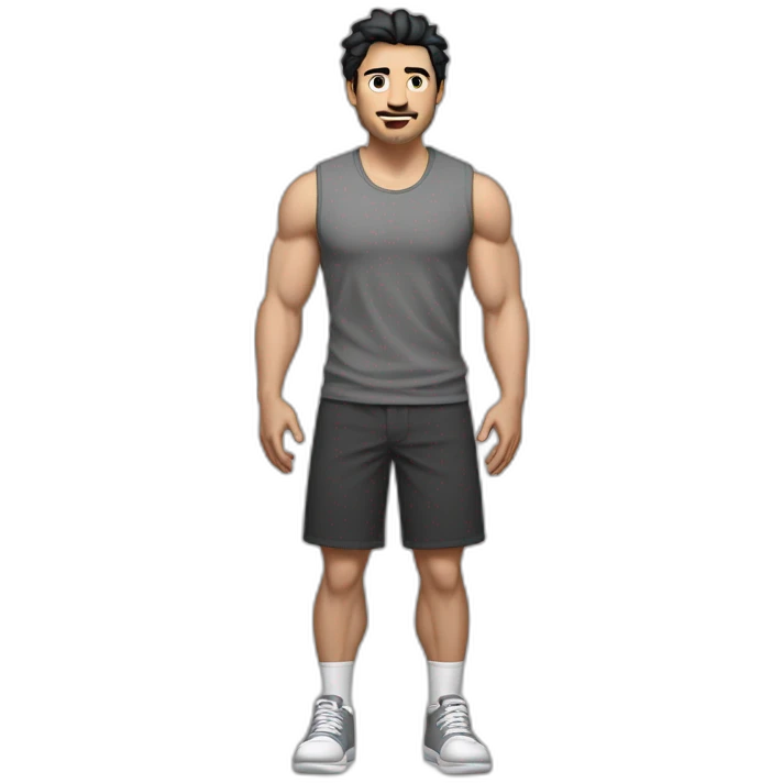 Full height Actively gesturing with hands Pale skinned Fit Man With the biceps and black hair with Bristle in dark gray Sleeveless Mike, brown oversize sports shorts and white Sneakers emoji