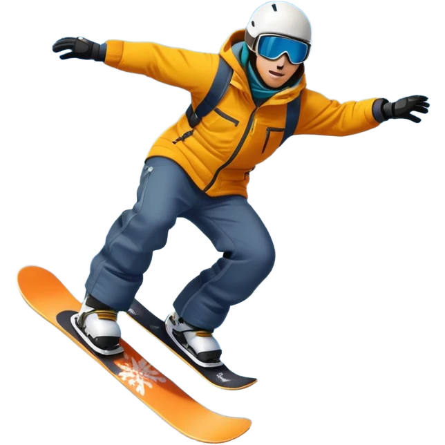 An icon showing a snowboarder performing an exciting jump on a snow-covered slope. The background features towering mountains, snow-covered trees, and a bright, clear sky. Transparent background highlights the speed, agility, and thrill of snowboarding. emoji