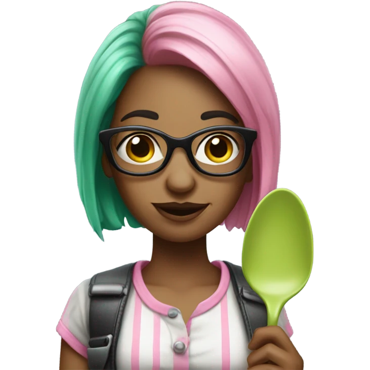 Realistic woman with green and pink hair and glasses holding a spoon emoji