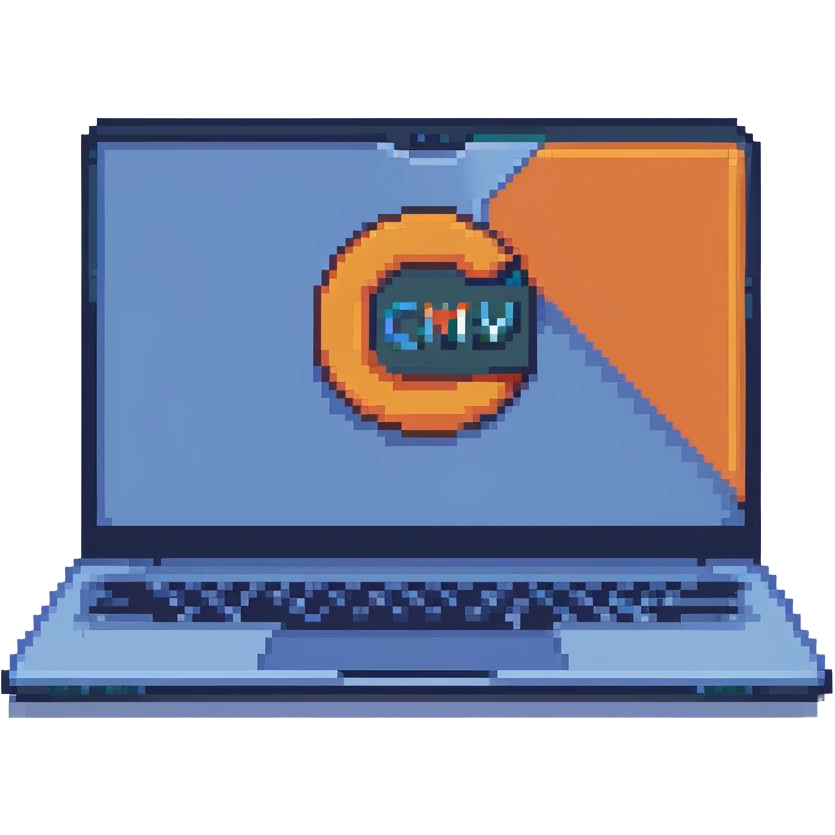 a blue laptop having a logo that says cmv on the back of it emoji
