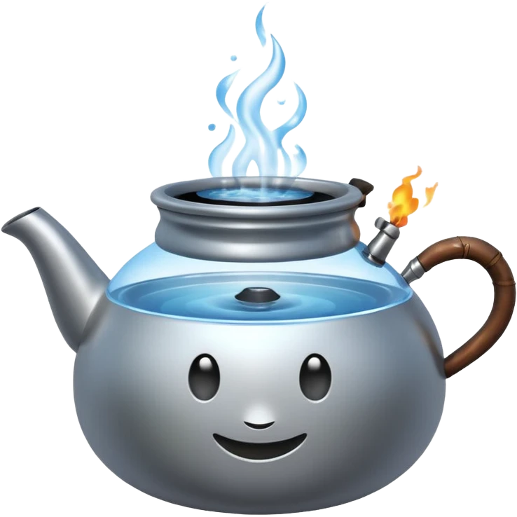 Ultra detailed 3D Apple-style emoji of a small pot or kettle filled with water placed on fire, the water is boiling intensely with visible steam and bubbles rising, bright lighting, clean white background, high-quality realistic emoji rendering. emoji