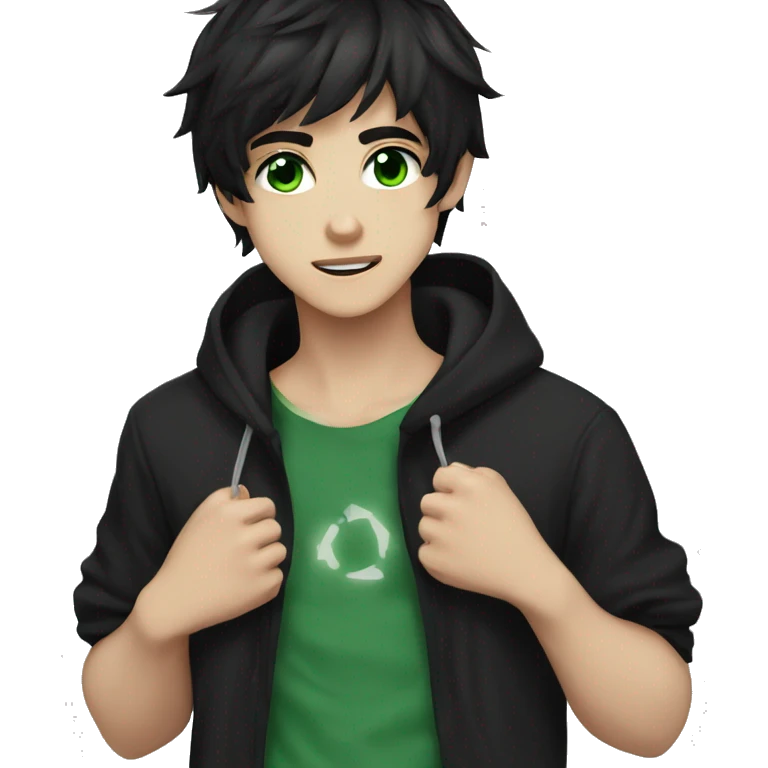 anime boy dark hair dark green eyes in black hoodie  emoji