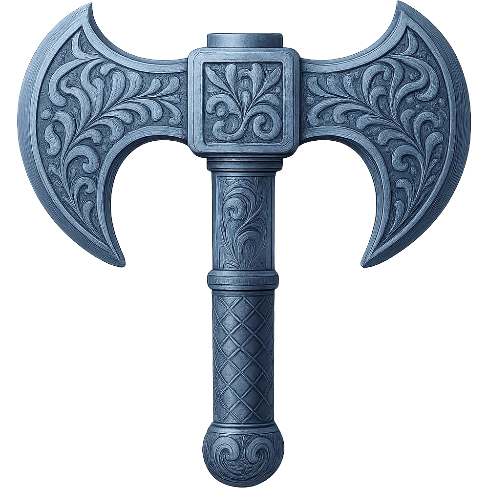 Recolor this weapon to match the blueish-gray steel color and ornate engravings of the reference helmet. Emphasize the cool metallic finish and detailed engravings, matching the helmet exactly. Transparent background. The style should reflect a cool metallic look with detailed engravings as seen in the helmet reference. emoji