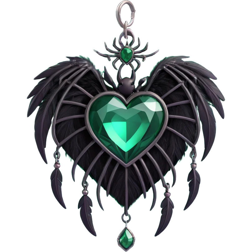 gothic heart, emerald green crystal texture, silver spider charm, feather accents, lush and gothic style, foggy background emoji