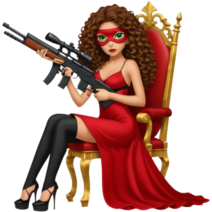 Drug dealer female green eyes symbol.  hair is brown curly long hair. sexy long with long red and black dress and face cover on that covers her mouth only. black stiletto platform high heels shoes on. Holding sniper rifle sitting on a gold throne. emoji