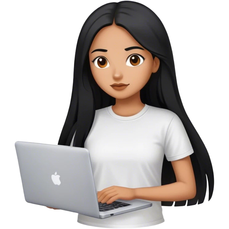 beautiful girl, with long straight black hair, mexican, brown skin, with laptop, with white tee, she stand up emoji