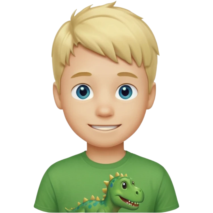 A smiling blond boy with blue eyes wearing a green dinosaur T-shirt emoji