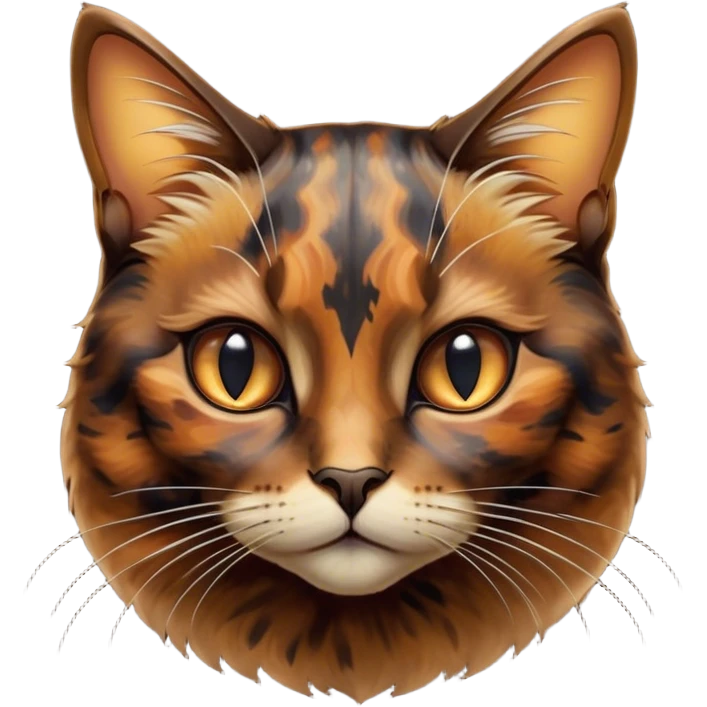 Cinematic Noble Tortoiseshell Cat Portrait Emoji, Poised and dignified, showcasing a luxurious, mottled fur of rich browns and blacks, with elegantly arched whiskers and a determined yet gentle expression, simplified yet meticulously detailed, glowing with a subtle, regal radiance, high shine, embodying quiet nobility and refined charm, soft glowing outline, capturing the essence of a sophisticated tortoiseshell cat exuding quiet authority! emoji