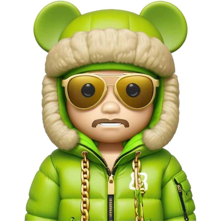 bearbrick toy with cubic head wearing a lime green balaclava with graffiti logos, oversized puffy jacket with fur hood trim, sleek single-piece visor sunglasses, gold chains around neck emoji