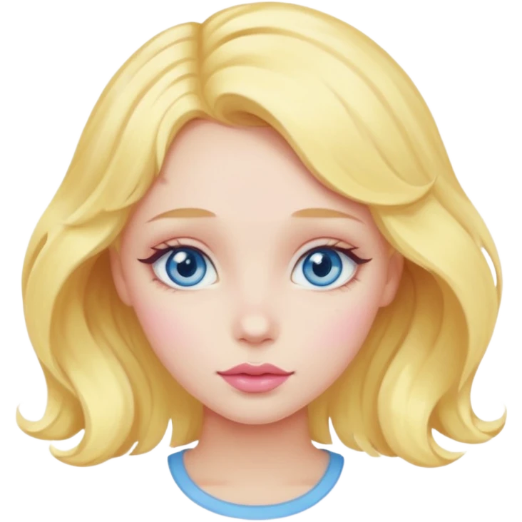 girl with blue eyes, pastel yellow wavy hair, soft pink blush and glossy lips emoji
