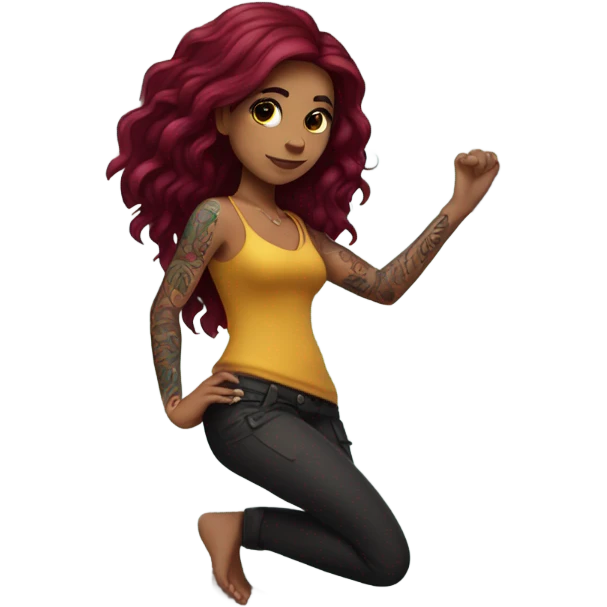 Beautiful tattooed woman long burgundy hair climbing rocks emoji