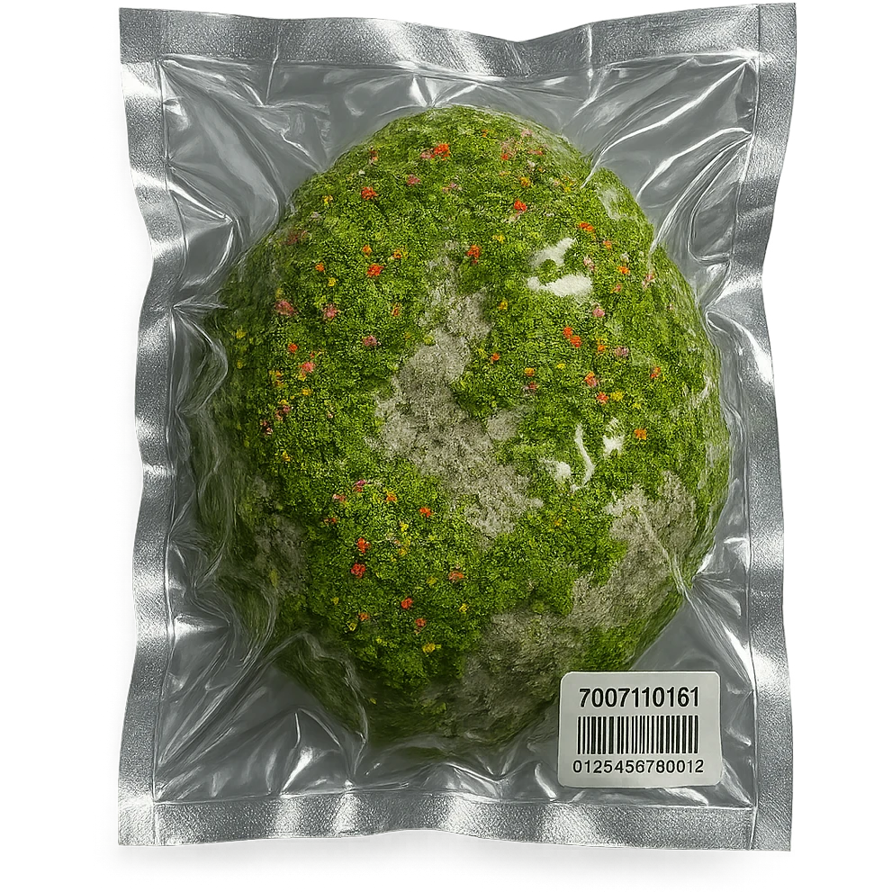 light gray rock covered with green moss and tiny multicolored flowers, shiny and inflated emoji