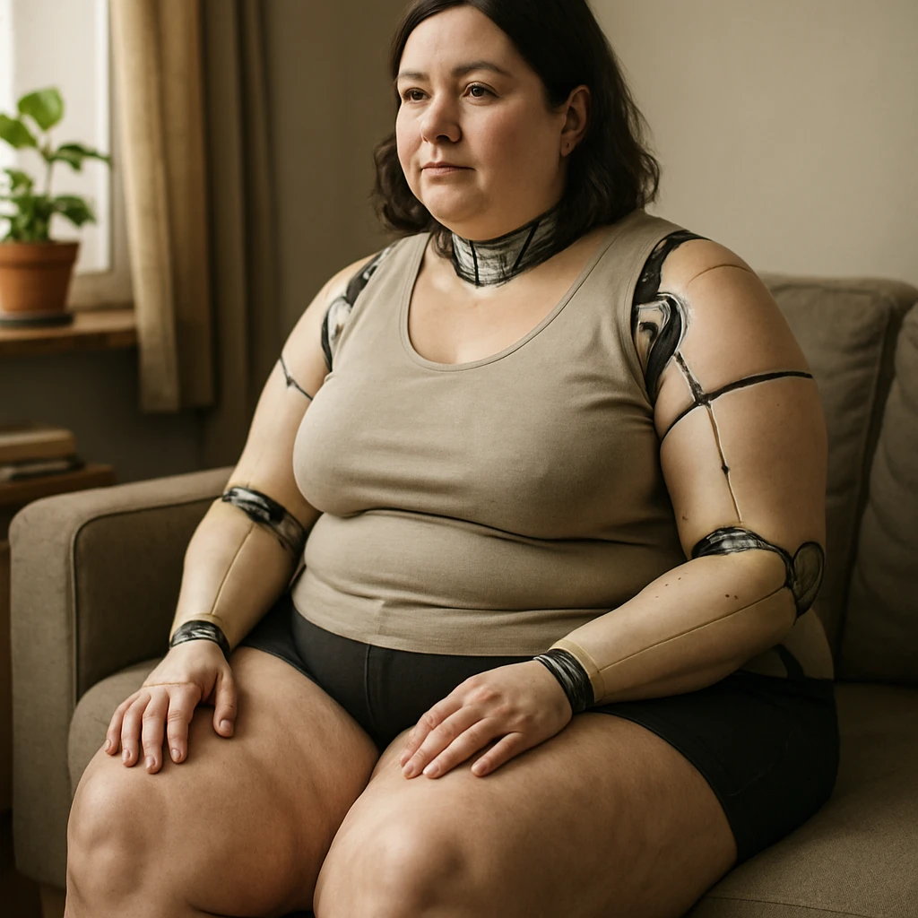 hyper realistic 4K gynoid woman sitting, fat on legs and thighs, realistic details, everyday atmosphere emoji