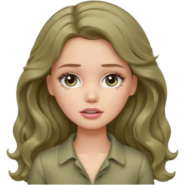 A white Barbie girl with long dark brown wavy hair in pale olive clothes crying emoji