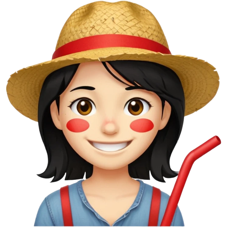 Un personnage avec la peau beige une cicatrice sous l'oeil des cheveux noirs en bataille et un chapeau de paille avec une bande rouge il arbore un grand sourire emoji