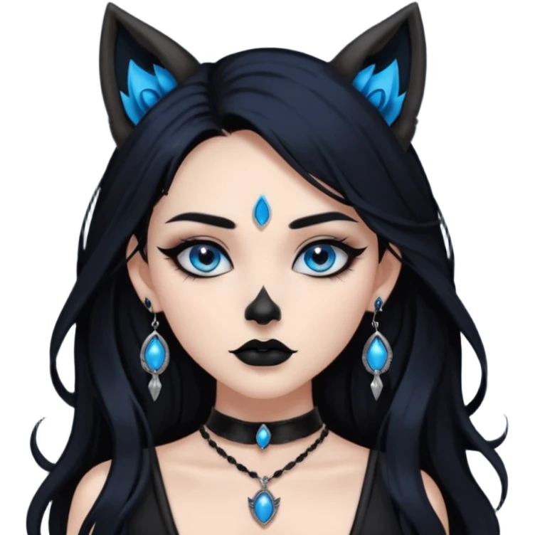 A girl with long black hair and blue eyes, black eyeshadow, black eye liner, mascara, and black lipstick, and black skull earrings. Also a black sexy dress and wolf ears  and a black pendent   emoji
