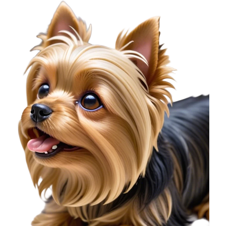 Cinematic Cute Yawning Yorkshire Terrier Portrait Emoji, Head tilted with a playful, drowsy expression and droopy, adorable eyes, featuring a soft, well-groomed fur in rich hues, simplified yet irresistibly endearing, highly detailed, glowing with a warm, cozy radiance, high shine, exuding a relaxed yet spunky charm, styled with a gentle, soft glowing outline, capturing the essence of a Yorkshire Terrier mid-yawn that seems as if it could cuddle right off the screen! emoji