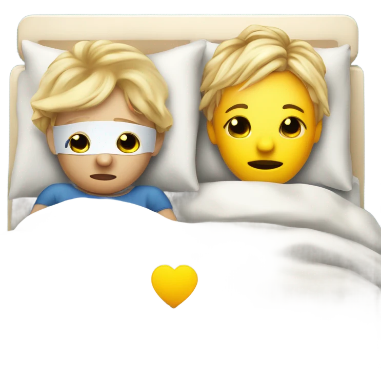 Two blonde children, sick, each in their own bed, wearing masks, one Boy, one girl,, at home, get well soon sign with yellow heart emoji
