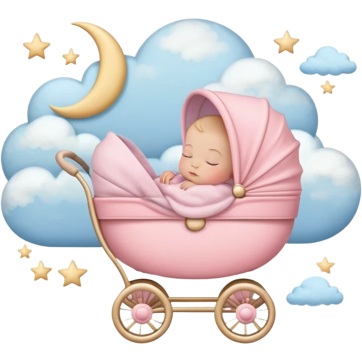 sleeping baby in pink and beige stroller with crescent moon and stars above with pastel blue clouds emoji