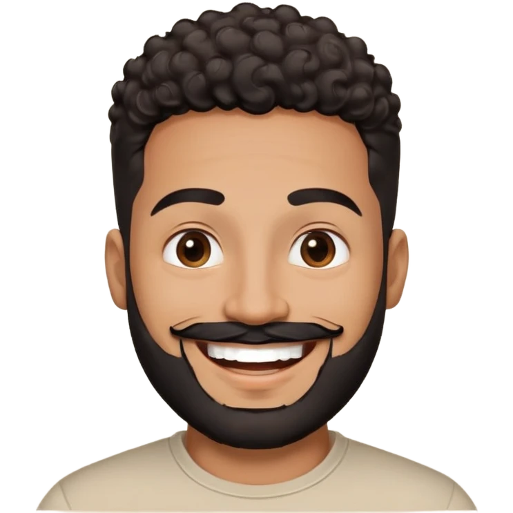 Latino man in his late 30s with warm brown skin. Round face. Big bright smile showing joy. Lively dark brown eyes. Thick defined eyebrows. Short tight curly black hair with fade on sides. Full black beard, neatly trimmed. Wearing a light beige round-neck t-shirt. emoji