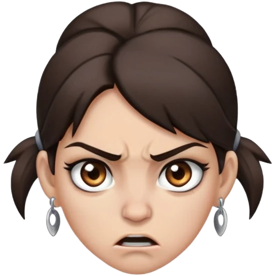angry girl with dark brown hair below shoulders, grey eyes, earring on right side of nose, pierced ears emoji