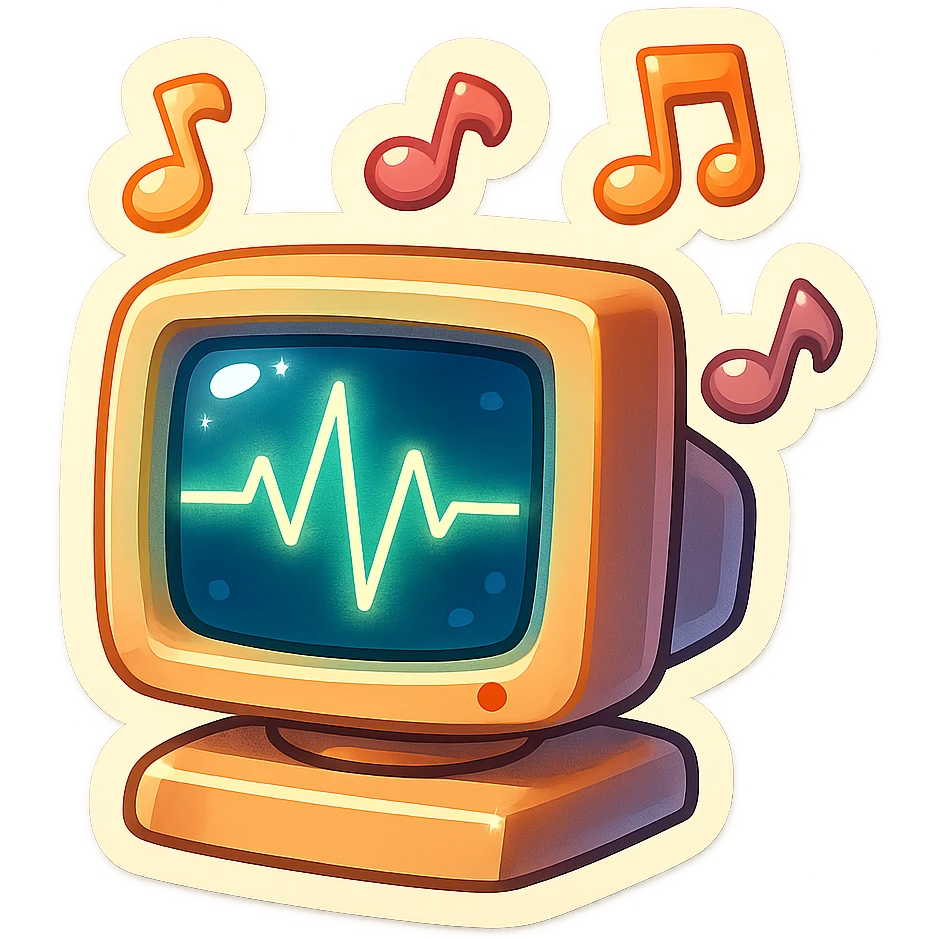 A vintage CRT monitor with a glowing waveform, musical notes drifting upward, energetic and fun retro style emoji