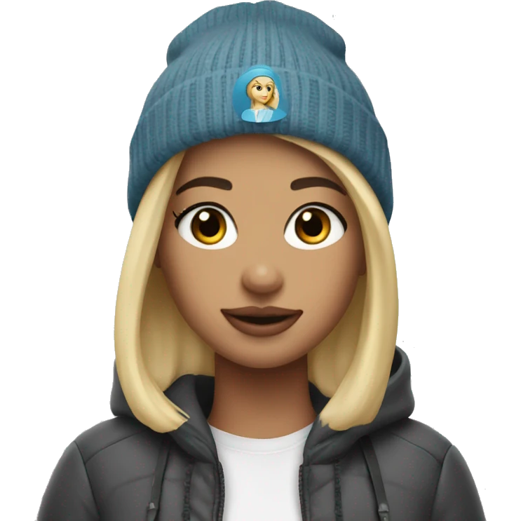 blonde girl with airpod max and a beanie emoji
