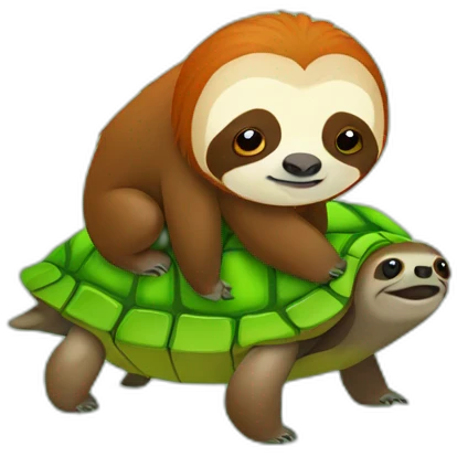 red haired sloth sitting on a green turtle who is walking  emoji