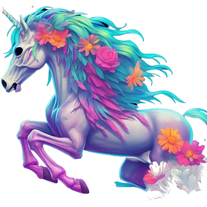 Neon Zombie Pegasus unicorn skeleton psychedelic flowers floral groovy art neon rave raving emoji