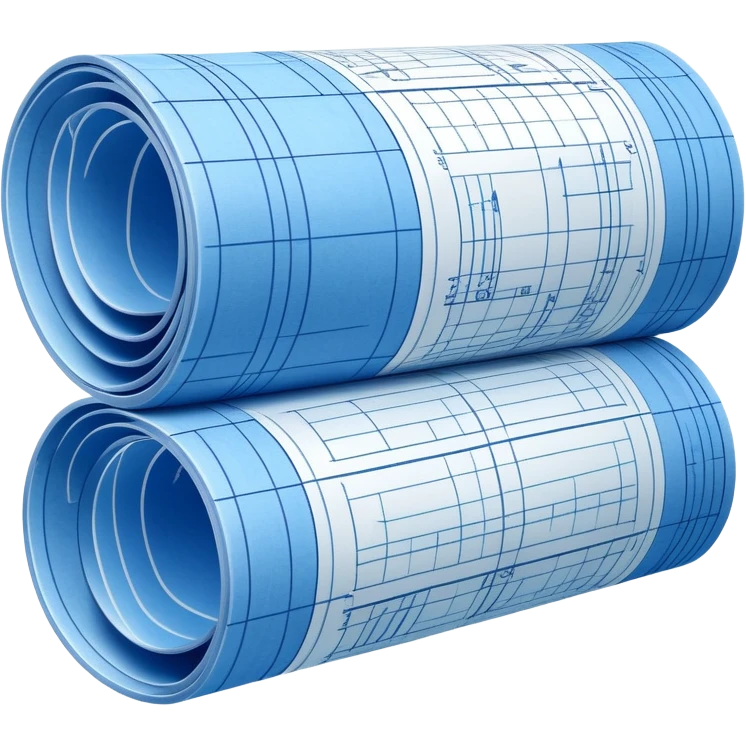 side perspective of a blue rolled-up blueprint plan with white lines emoji