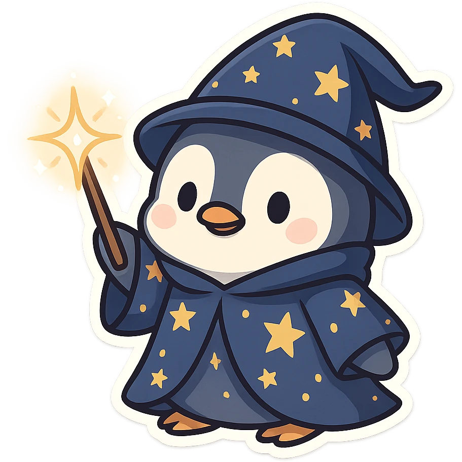 fantasy style penguin wizard casting a spell, with a starry robe and a glowing wand emoji