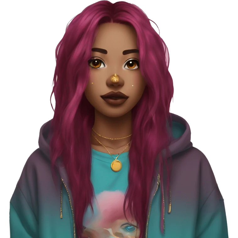 Deep pink maroon burgundy cyan dark hoodie person dyed hair and gold piercings nose piercing ear piercings emoji