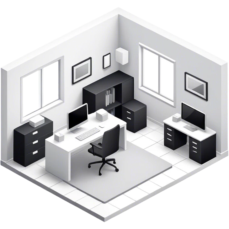 An isometric 3D room with two white walls that meet at the back left and right and a single Window. Black and White Home Office Room emoji