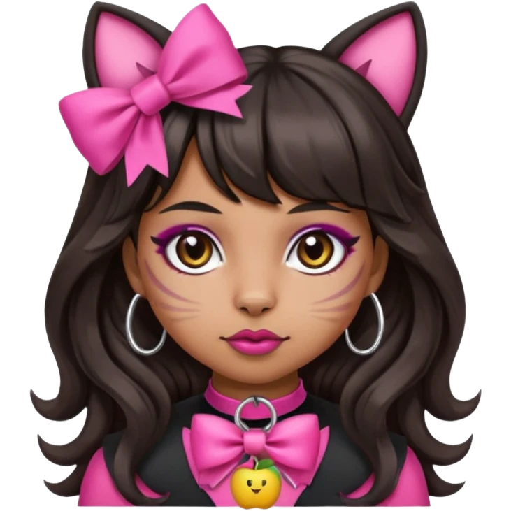 Remove the apple from the emoji. Keep the pink bow, silver O-ring, bangs, bold makeup, medium Hispanic skin tone, long dark wavy hair, cat ears, and BDSM outfit. Maintain the apple emoji style with a transparent background. emoji