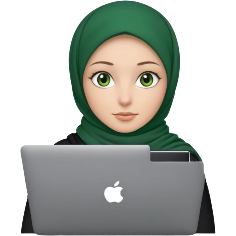 women with black scarf hijab , with green eyes  ,without hair, with macbook emoji