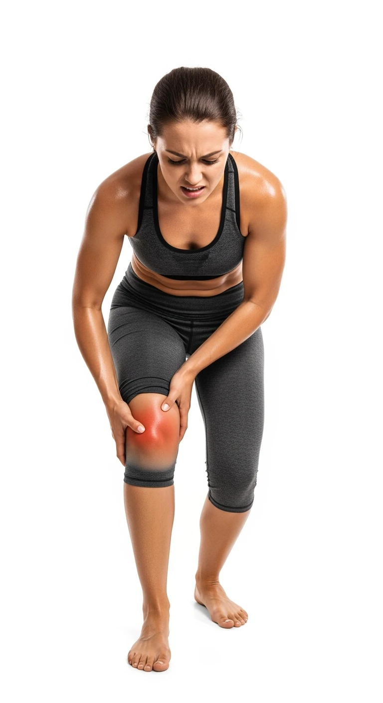 donna fitness che si tocca la gamba dolorante con espressione di dolore in volto, sente le gambe pesanti, iperrealistica 4k, sfondo bianco emoji