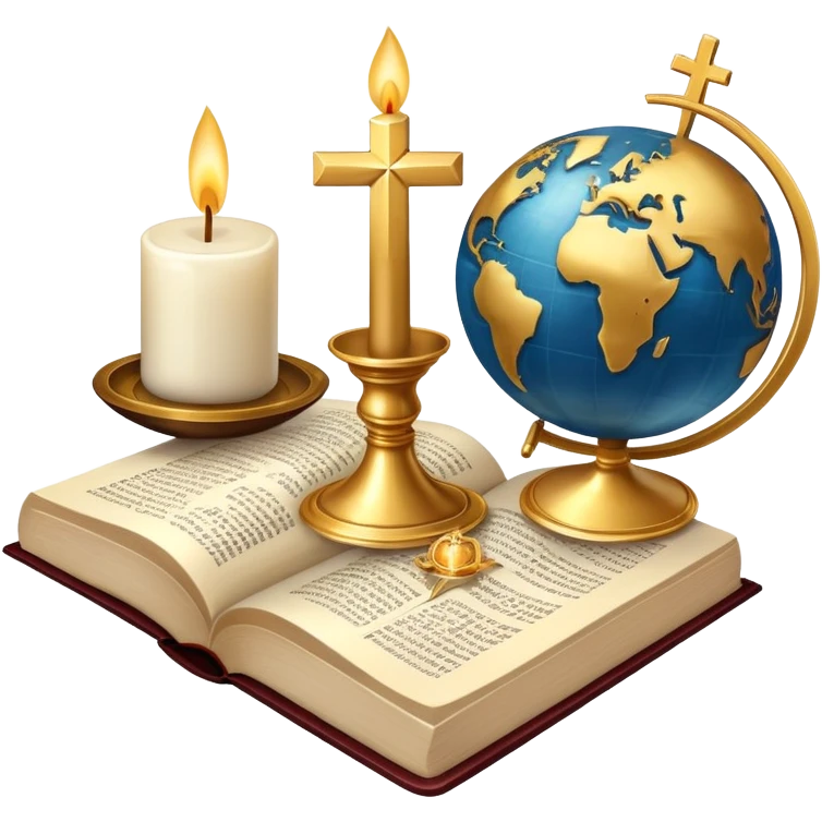 An icon featuring a holy book, a candle, and a cross, symbolizing religious studies. The design includes a globe with various religious symbols: a crescent moon and star (Islam), a lotus flower (Buddhism), representing global belief systems. Transparent background. emoji