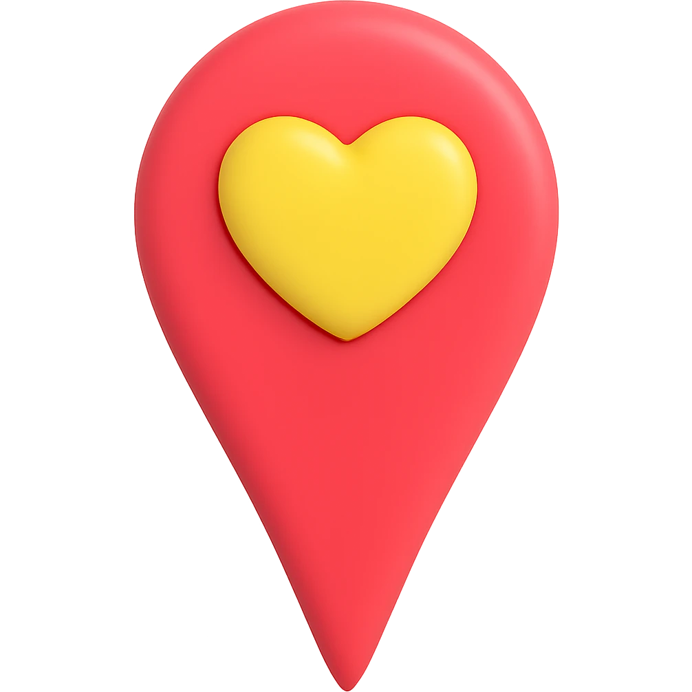Create a single location marker viewed from the front with a heart shape replacing the usual circle at the top. The style should resemble a 3D emoji style with smooth, rounded shapes and vibrant colors. The background should be removed, isolating the subject clearly. emoji