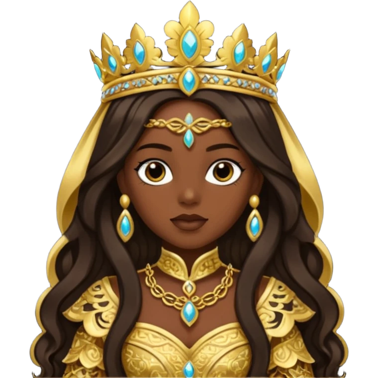 Bilquis from American Gods with dark skin, dark brown long hair, gold outfit emoji