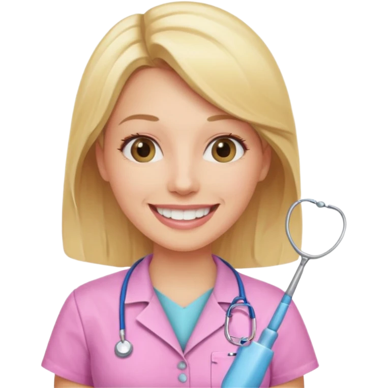 dentista mulher, loira, pele branca, camisa rosa, sorrindo transmitindo verdade e confiança emoji