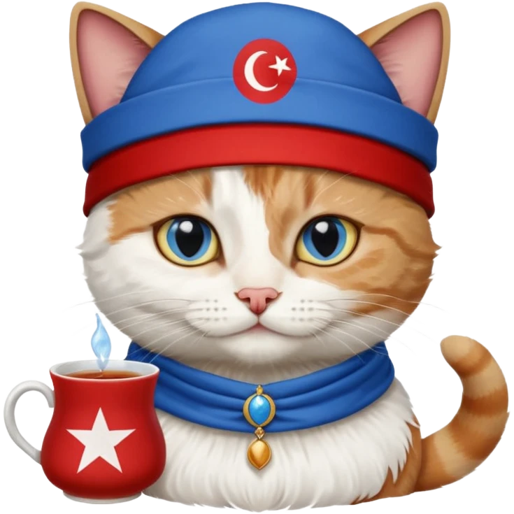Arkasında Türk bayrağı olan  ve çay içen kafasına fes takan bir van kedisi emoji