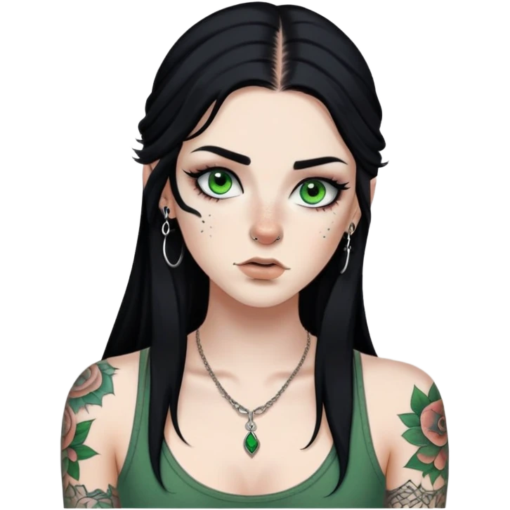 Pale White girl with long black hair and green eyes and freckles. Thin black eyebrows and long eyelashes with eyeliner. Right Eyebrow piercing, right nose piercing, and left lip piercing. Lots of tattoos. emoji