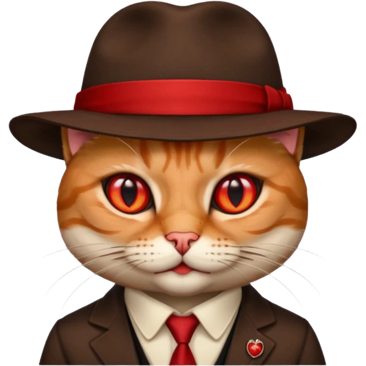 cat corleone mafia, red eyes, close head photo, hat brown with red emblement emoji
