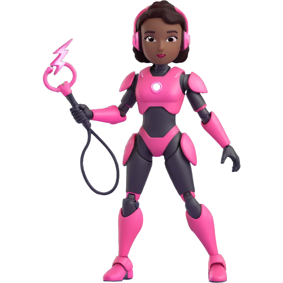slim, powerful black female robot in a confident pose, with small ear pieces, holding a lightning whip by the handle, thighs and biceps pink with bold hexagonal texture, rest of body sleek black metal, sleek glossy emoji style, no grainy or aged texture emoji