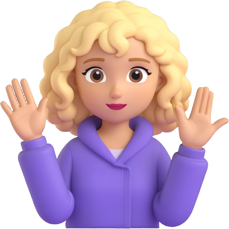 cartoon blonde girl with curly hair, palm facing forward in a stop gesture emoji