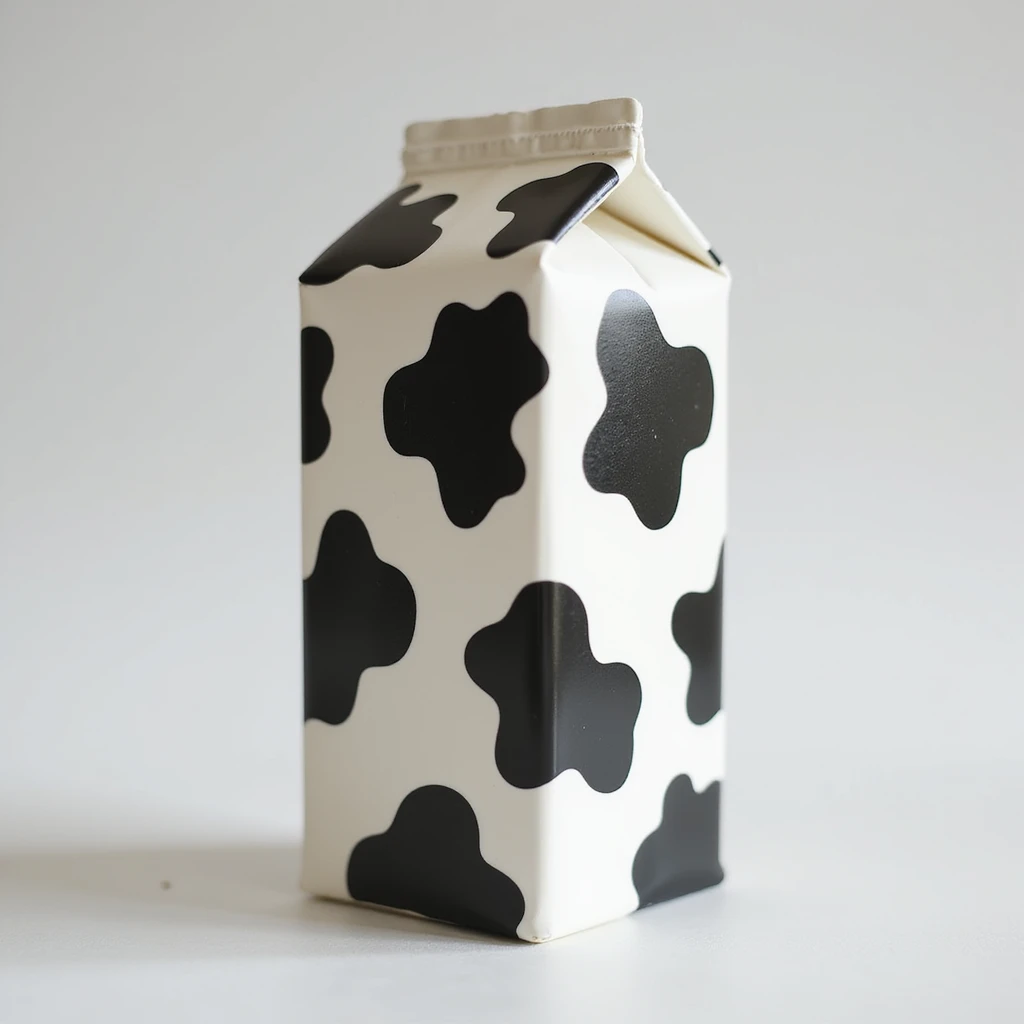 photorealistic carton of milk covered in black and white cow spots, natural lighting, subtle shadows emoji